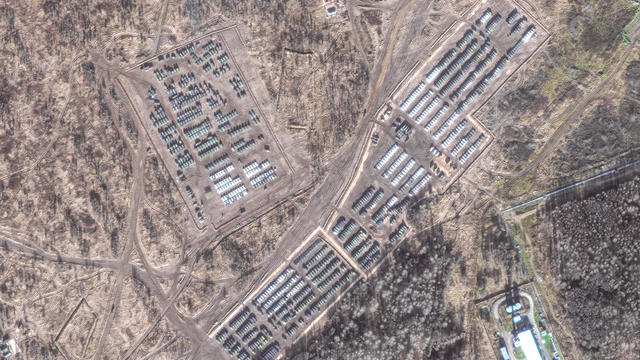 YELNYA, RUSSIA -- NOVEMBER 1, 2021:  Maxar high-resolution closeup (02) satellite imagery showing the presence of ground forces on the northern edge of of Yelnya in western Russia. Please use: Satellite image (c) 2021 Maxar Technologies. 