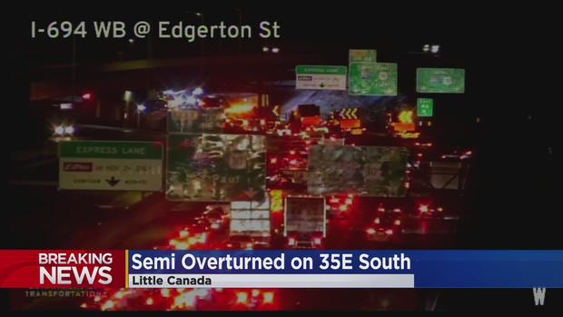 Semi overturned on I-35E in Little Canada 