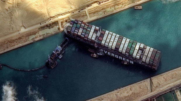 STUCK SHIP EVER GIVEN, SUEZ CANAL -- MARCH 26, 2021:  Maxars WorldView-2 collected new high-resolution satellite imagery of the Suez canal and the container ship (EVER GIVEN) that remains stuck in the canal north of the city of Suez, Egypt. 