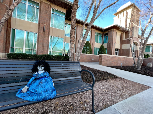 Creepy doll outside Keller Town Hall 