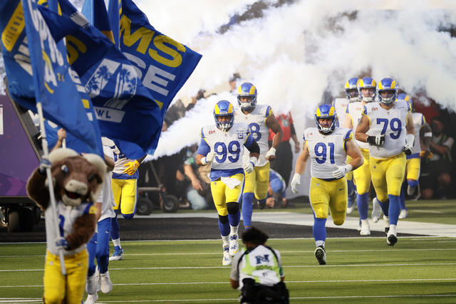 Los Angeles, California, USA. 13th Feb, 2022. Los Angeles Rams defensive  tackle Aaron Donald (99) celebrates his game winning sack at the NFL Super  Bowl 56 LVI football game between the Los