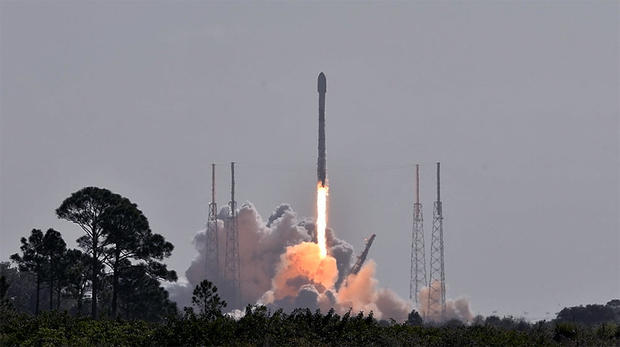 A SpaceX Falcon 9 rocket blasts off from the Cape Canaveral Space Force Station in Florida on Feb. 21, 2022, carrying 46 Starlink internet relay satellites. It was the company's seventh launch so far this year. 