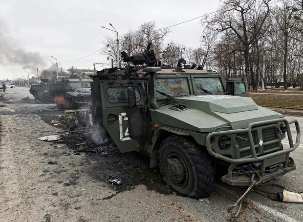 A view shows destroyed Russian Army all-terrain infantry mobility vehicles Tigr-M (Tiger) in Kharkiv 