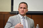 Former Louisville police officer Brett Hankison is questioned by his defense attorney during his state trial March 2, 2022, in Louisville, Kentucky. 