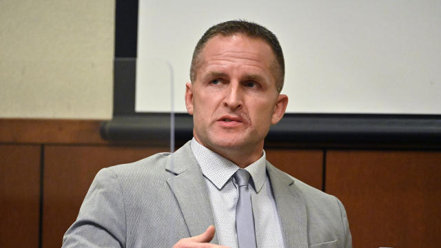 Former Louisville police officer Brett Hankison is questioned by his defense attorney during his state trial March 2, 2022, in Louisville, Kentucky. 