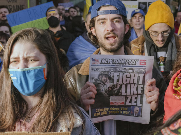 Demonstrators Protest The Russian Invasion Of Ukraine In New York 