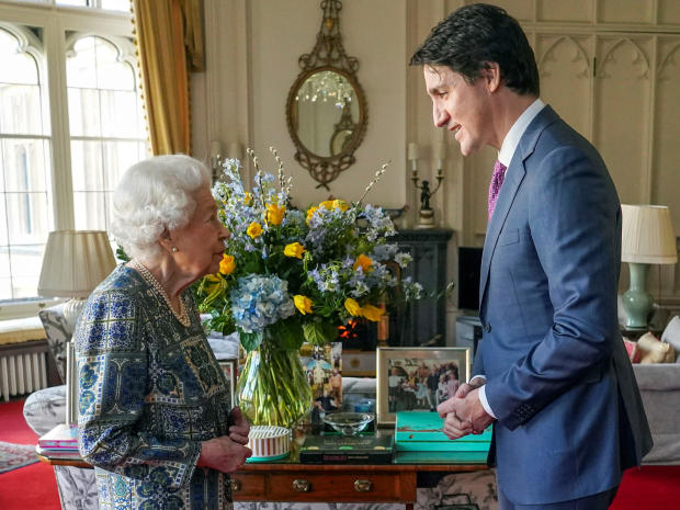 Britain's Queen Elizabeth receives Canadian Prime Minister Justin Trudeau at Windsor Castle in Britain, March 7, 2022. 