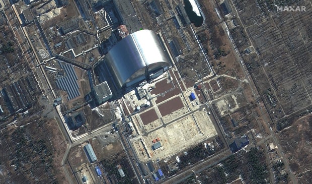 RUSSIANS INVADE UKRAINE -- MARCH 10, 2022: 17 Maxar satellite imagery closeup of Chernobyl Nuclear Power Plant in Ukraine. 10mar2022_wv2. Please use: Satellite image (c) 2022 Maxar Technologies.