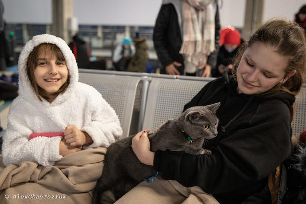 Two children play with their cat in Warszawa Centralna 