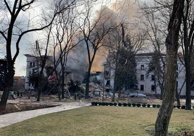 A view shows Donetsk Regional Theatre of Drama destroyed by an airstrike in Mariupol 