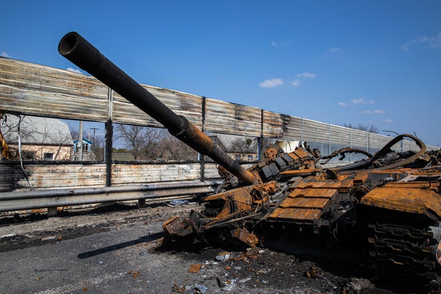 A destroyed Russian T-72 battle tank is seen at the 