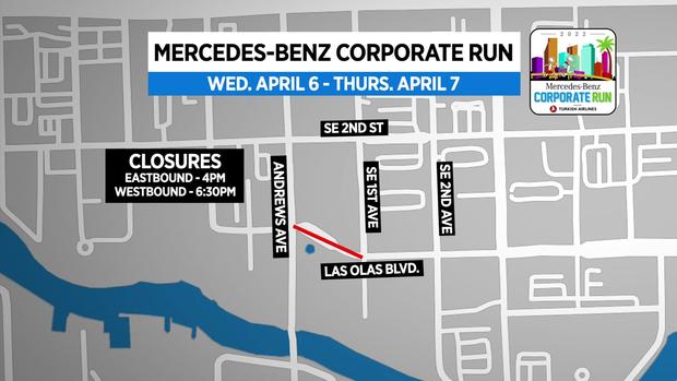 MERCEDES BENZ CORPORATE RUN WEDNESDAY CLOSURES map 