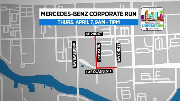 MERCEDES BENZ CORPORATE RUN THURSDAY CLOSURE map 