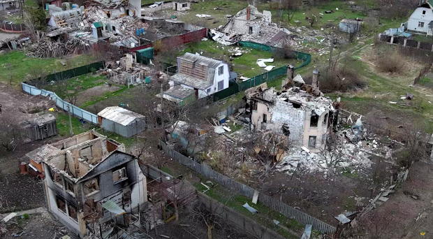 General view shows damaged houses, amid Russia's invasion, in Moshchun village 