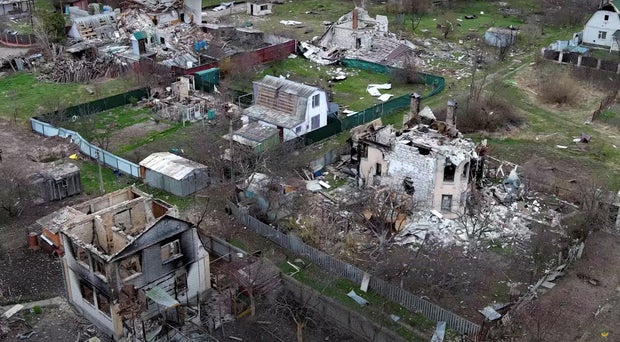 General view shows damaged houses, amid Russia's invasion, in Moshchun village