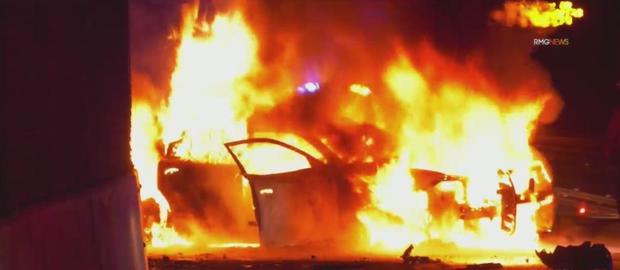 3 CHP officers hurt in fiery wreck on 105 freeway in Downey 