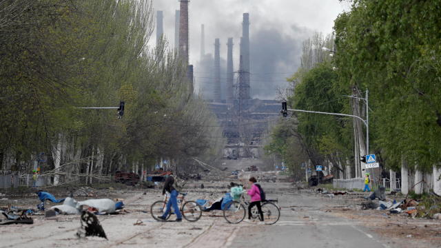 Smoke rises above a plant of Azovstal Iron and Steel Works in Mariupol 