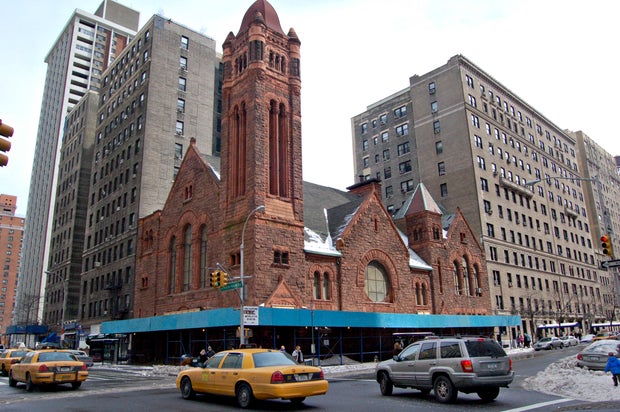 Traffic passes by West Park Presbyterian Church, a circa 189 