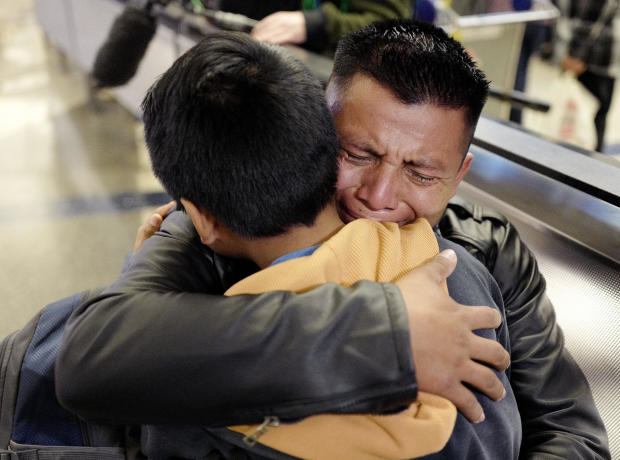David Xol-Cholom of Guatemala hugs his son Byron at Los Angeles International Airport on Wednesday, Jan. 22, 2020, when they reunited after being separated during the Trump administration's wide-scale separation of immigrant families. 