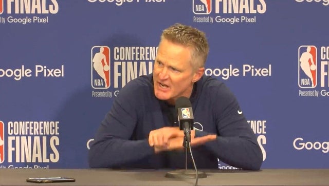 NBA'sGolden State Warriors coach Kerr reacts following a shooting at an elementary school in Texas 