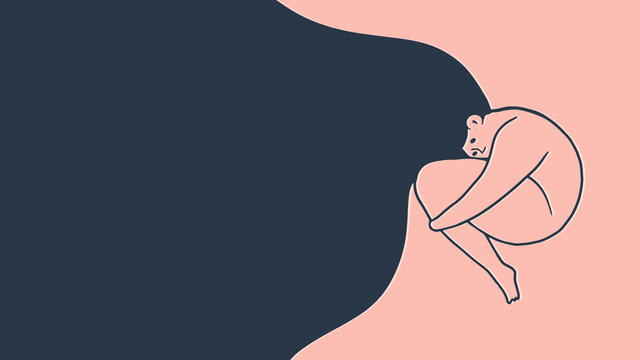 Depressed woman with flying hair is hugging her self. Young sad teenage girl with obesity hugging her knees and falling down into depression. Mental health problem concept. Vector iluustration 