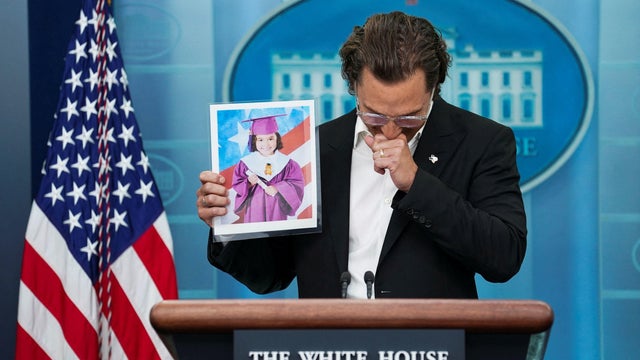 Actor Matthew McConaughey speaks to reporters about mass shootings during a press briefing at the White House in Washington