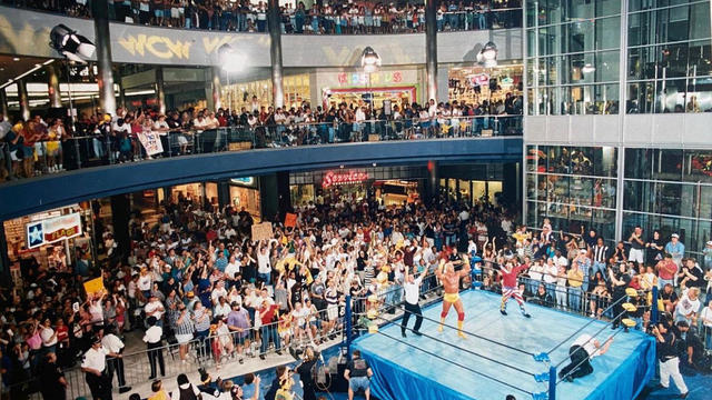 Hulk Hogan wrestles Big Bubba on  Monday night 09/04/95 at the Mall of America in Bloomington, Minnesota, while his trainer wrestles the referee. The crowd, who jammed all four levels of the rotunda area, loved it 