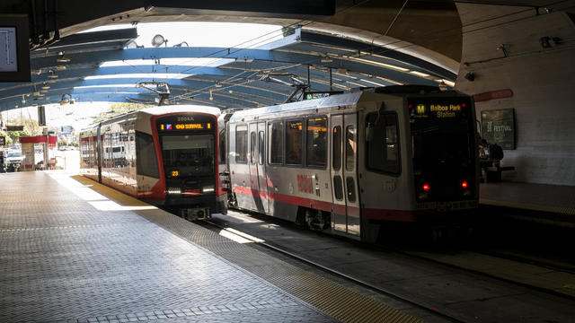 Muni Metro trains are seen at the West Portal station in San Francisco, California, on March 26, 2020. 