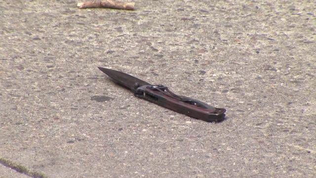 A knife lays on the pavement 