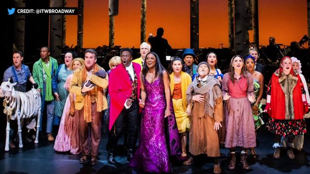 The cast of the 2022 Broadway revival of "Into the Woods" in costume on stage at the St. James Theatre. 