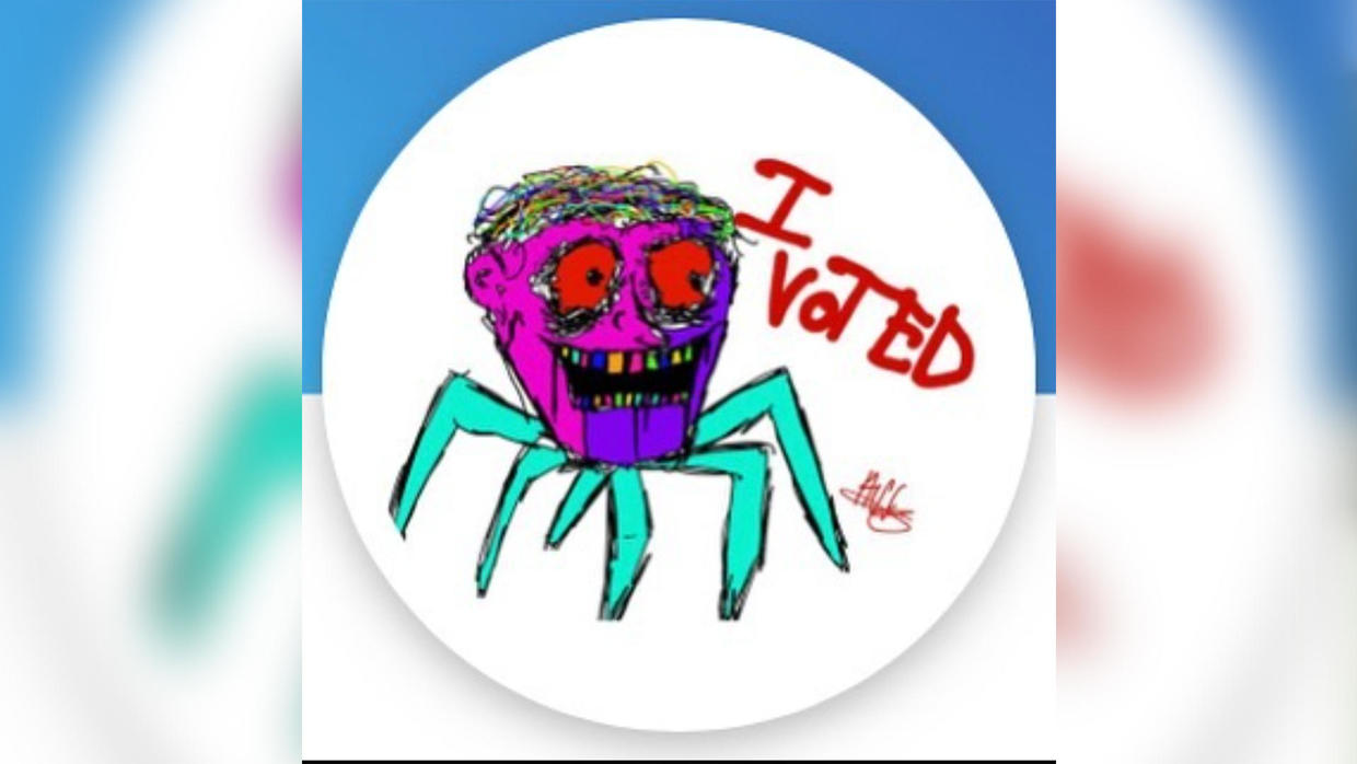 Teen's unusual "I voted" sticker with a big head and six legs has 93