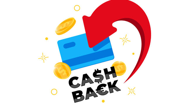 Cashback loyalty program concept. Credit or debit card with returned coins to bank account. Refund money after purchase service design. Bonus cash back symbol vector illustration 