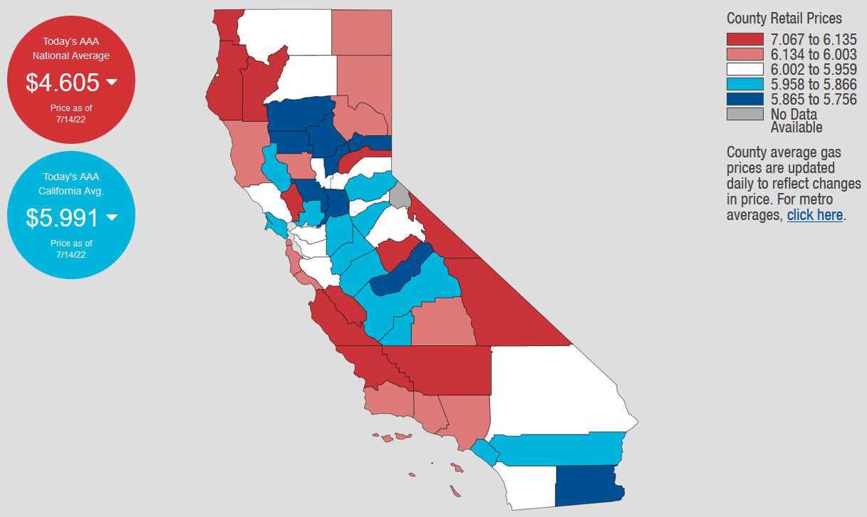 Average price for a gallon of gas in California finally drops below $6