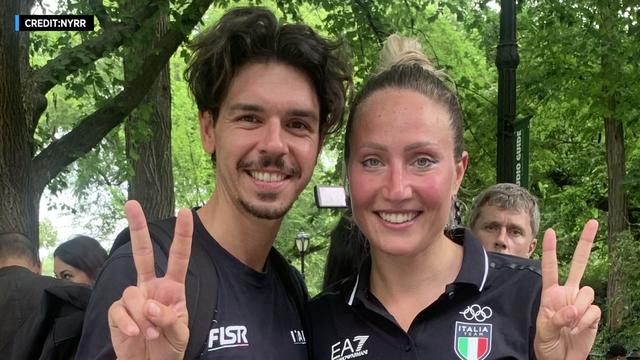 Matteo Angeletti and Francesca Lollo-Brigida pose for a photo after winning the Italy Run by Ferrero on July 16, 2022. 