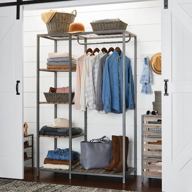 Better Homes & Gardens Farmhouse Gray Wood and Metal Garment Rack 