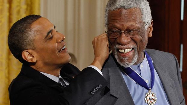 Bill Russell is awarded the Presidential Medal of Freedom by then President Barack Obama in 2011 
