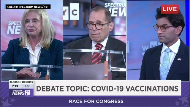 A three-box shot of Rep. Carolyn Maloney, Rep. Jerry Nadler and Suraj Patel. 