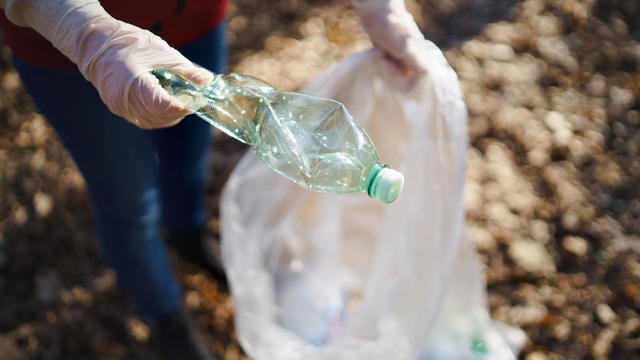 Unrecognizable woman volunteer picking up litter in nature. 