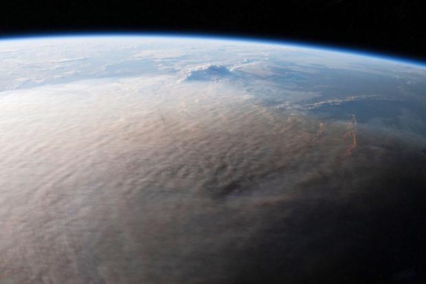 An image from the ISS from Jan. 16, 2022, shows the ash plume from the Hunga Tonga-Hunga Ha'apai volcanic eruption that occurred the day before