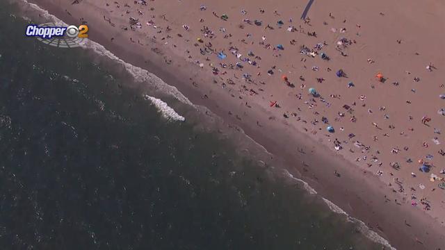An aerial shot of the beach and the ocean at Brighton Beach. 