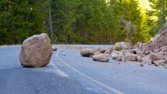 Closeup of the landslide of a blocked road 