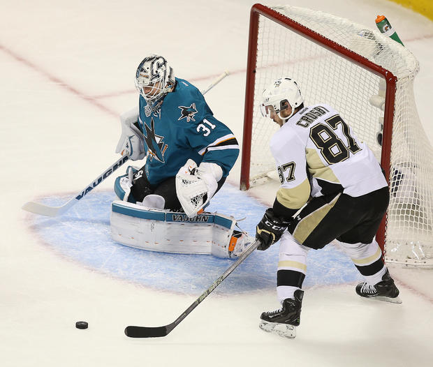 San Jose Sharks goaltender Martin Jones (31) makes a save on Pittsburgh Penguins forward Sidney Crosby (87) in the first period of Game 6 of the NHL Stanley Cup Final on Sunday,  June 12, 2016 at the SAP Center in San Jose, Calif.  (Aric Crabb/Bay Area Ne 