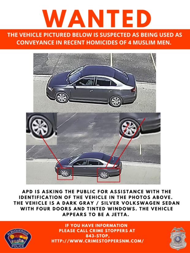 Albuquerque police are looking for a dark-colored car linked to the gunshot murders of three Muslim men