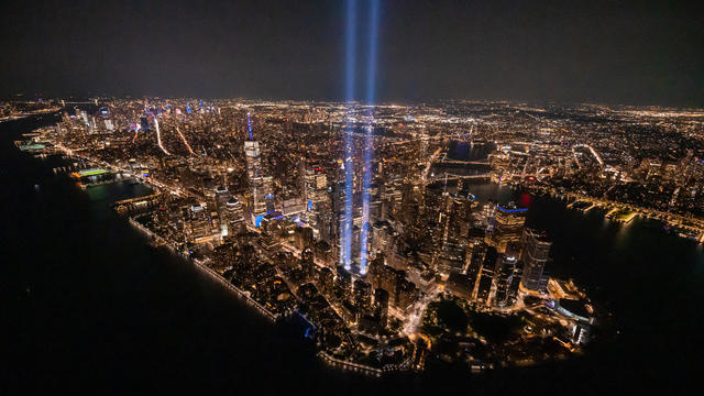 A view of New York City and the 'Tribute In Light,' marking the 20th anniversary of the 9/11 terrorist attacks at the World Trade Center, on September 11, 2021 in New York City. 