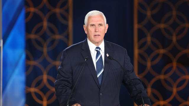 Vice President Mike Pence speaks at a meeting in Ashraf 3, 