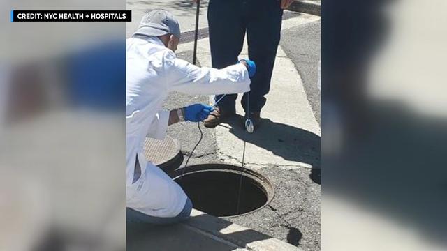 An NYC Health + Hospitals worker takes a sample of wastewater. 