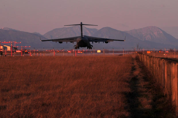 A US C-17 plane lands at Aviano air base 