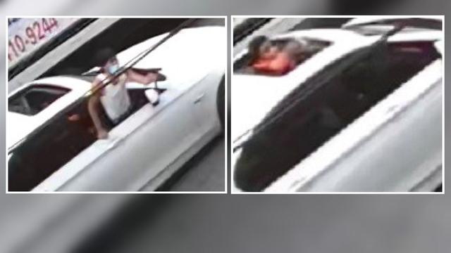 Surveillance photos of two suspects in a drive-by shooting. 