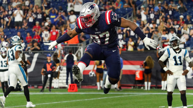 New England Patriots defensive end DaMarcus Mitchell reacts on the field  before an NFL football game against the Minnesota Vikings, Thursday, Nov.  24, 2022, in Minneapolis. (AP Photo/Andy Clayton-King Stock Photo 