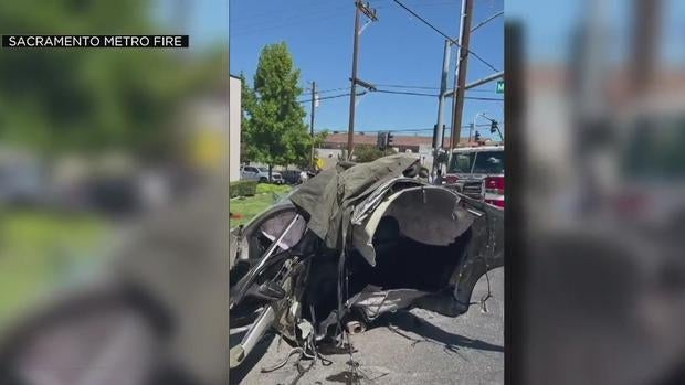 Photo of a car cut in half after crashing in Sacramento 